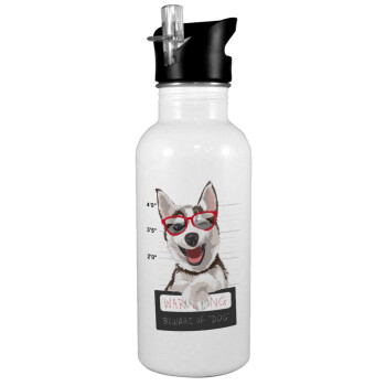 Warning, beware of Dog, White water bottle with straw, stainless steel 600ml
