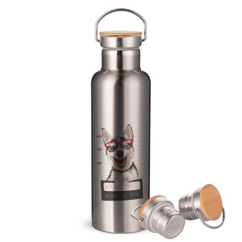 Warning, beware of Dog, Stainless steel Silver with wooden lid (bamboo), double wall, 750ml