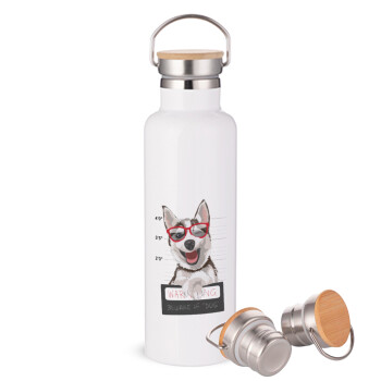 Warning, beware of Dog, Stainless steel White with wooden lid (bamboo), double wall, 750ml