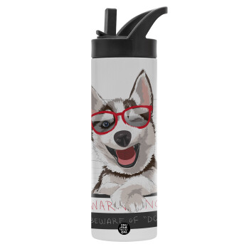 Warning, beware of Dog, Μεταλλικό παγούρι θερμός με καλαμάκι & χειρολαβή, ανοξείδωτο ατσάλι (Stainless steel 304), διπλού τοιχώματος, 600ml