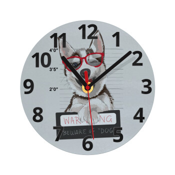 Warning, beware of Dog, Ρολόι τοίχου γυάλινο (20cm)