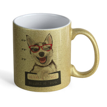 Warning, beware of Dog, Κούπα Χρυσή Glitter που γυαλίζει, κεραμική, 330ml