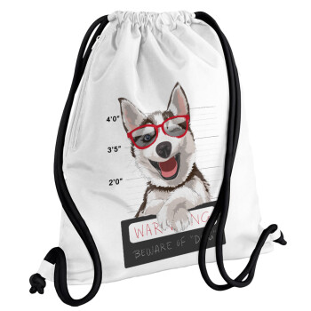 Warning, beware of Dog, Backpack pouch GYMBAG white, with pocket (40x48cm) & thick cords