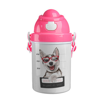 Warning, beware of Dog, Ροζ παιδικό παγούρι πλαστικό (BPA-FREE) με καπάκι ασφαλείας, κορδόνι και καλαμάκι, 400ml