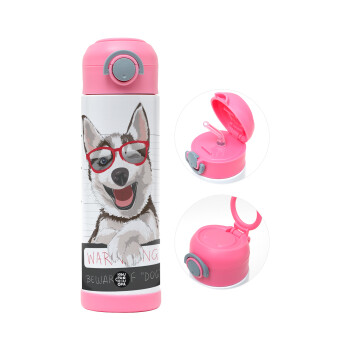 Warning, beware of Dog, Children's hot water bottle, stainless steel, with safety straw, PINK (500ml)