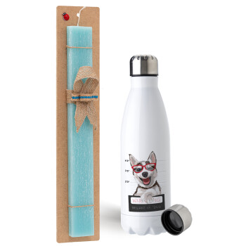 Warning, beware of Dog, Easter Set, metallic stainless steel water bottle (750ml) & aromatic flat Easter candle (30cm) (TURQUOISE)