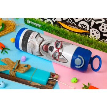 Warning, beware of Dog, Πασχαλινή Λαμπάδα με Παιδικό παγούρι θερμό, ανοξείδωτο, με καλαμάκι ασφαλείας, ΜΠΛΕ (500ml)