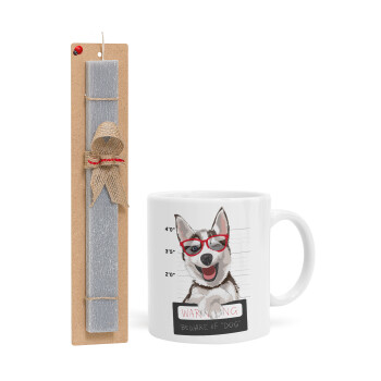 Warning, beware of Dog, Easter Set, Ceramic Cup (330ml) & Easter aromatic flat candle (30cm) (GRAY)