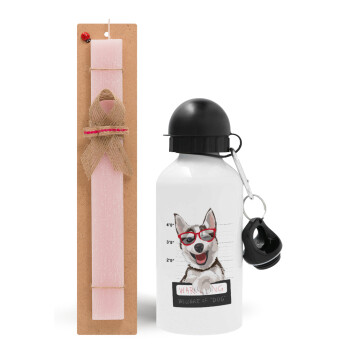 Warning, beware of Dog, Easter Set, metallic aluminum bottle (500ml) & aromatic flat Easter candle (30cm) (PINK)