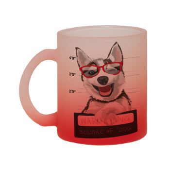 Warning, beware of Dog, Κούπα γυάλινη δίχρωμη με βάση το κόκκινο ματ, 330ml