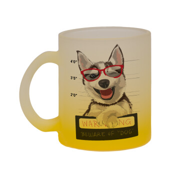 Warning, beware of Dog, Κούπα γυάλινη δίχρωμη με βάση το κίτρινο ματ, 330ml