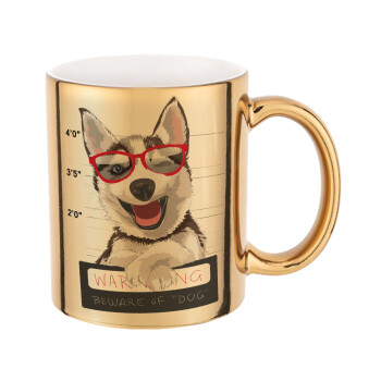 Warning, beware of Dog, Mug ceramic, gold mirror, 330ml