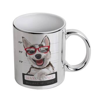 Warning, beware of Dog, Mug ceramic, silver mirror, 330ml