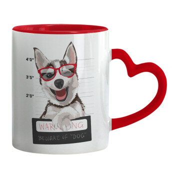 Warning, beware of Dog, Mug heart red handle, ceramic, 330ml