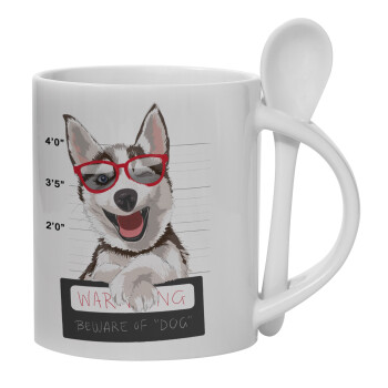 Warning, beware of Dog, Ceramic coffee mug with Spoon, 330ml (1pcs)