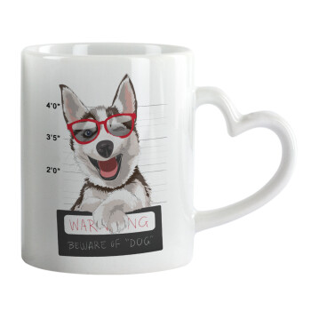 Warning, beware of Dog, Mug heart handle, ceramic, 330ml