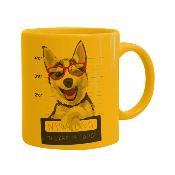 Warning, beware of Dog, Ceramic coffee mug yellow, 330ml (1pcs)