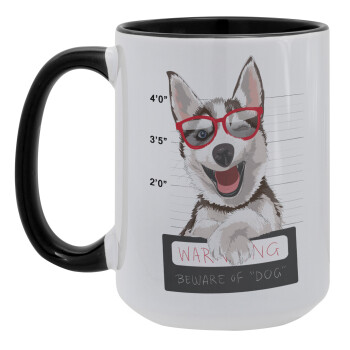 Warning, beware of Dog, Κούπα Mega 15oz, κεραμική Μαύρη, 450ml