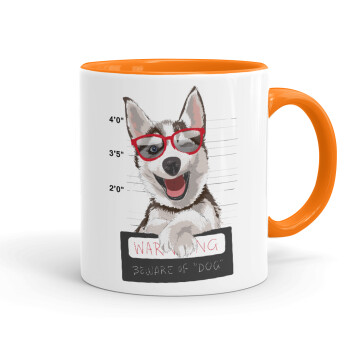 Warning, beware of Dog, Mug colored orange, ceramic, 330ml