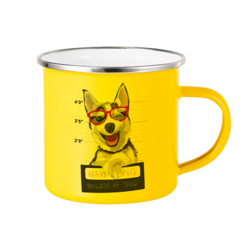 Warning, beware of Dog, Yellow Enamel Metallic Cup 360ml