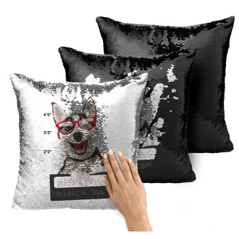 Warning, beware of Dog, Μαξιλάρι καναπέ Μαγικό Μαύρο με πούλιες 40x40cm περιέχεται το γέμισμα