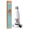 Easter Set, metallic stainless steel water bottle (750ml) & aromatic flat Easter candle (30cm) (TURQUOISE)