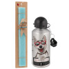 Easter Set, metallic silver aluminum water bottle (500ml) & scented flat Easter candle (30cm) (TURQUOISE)