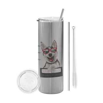 Warning, beware of Dog, Tumbler stainless steel Silver 600ml, with metal straw & cleaning brush