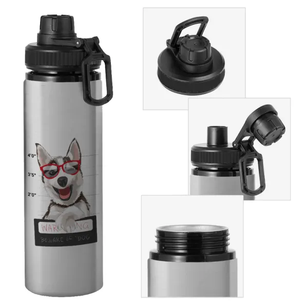 Warning — Metallic water bottle with safety cap, 850ml aluminum