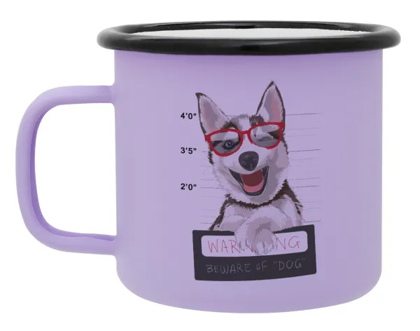 Warning — Metal enamel mug, matte light pastel purple, 360ml