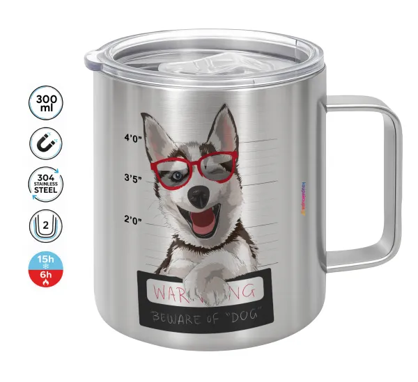 Warning — Double-walled stainless steel mug 300ml with temperature-retaining lid