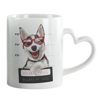 Warning, beware of Dog, Mug heart handle, ceramic, 330ml