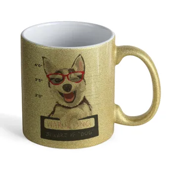 Warning, beware of Dog, Κούπα Χρυσή Glitter που γυαλίζει, κεραμική, 330ml