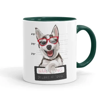 Warning, beware of Dog, Κούπα χρωματιστή πράσινη, κεραμική, 330ml