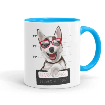 Warning, beware of Dog, Κούπα χρωματιστή γαλάζια, κεραμική, 330ml