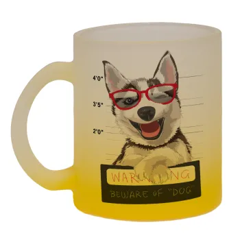 Warning, beware of Dog, Κούπα γυάλινη δίχρωμη με βάση το κίτρινο ματ, 330ml
