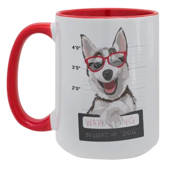Warning, beware of Dog, Κούπα Mega 15oz, κεραμική Κόκκινη, 450ml