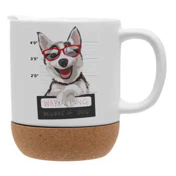 Warning, beware of Dog, Κούπα, κεραμική με βάση φελού και καπάκι (ΜΑΤ), 330ml