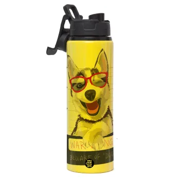 Warning, beware of Dog, Μεταλλικό παγούρι νερού με καπάκι ασφαλείας, αλουμινίου 850ml