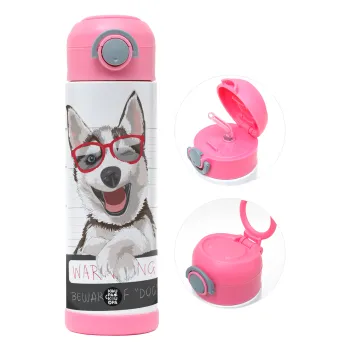 Warning, beware of Dog, Παιδικό παγούρι θερμό, ανοξείδωτο, με καλαμάκι ασφαλείας, ΡΟΖ (500ml)