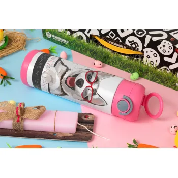 Warning, beware of Dog, Πασχαλινή Λαμπάδα με Παιδικό παγούρι θερμό, ανοξείδωτο, με καλαμάκι ασφαλείας, ΡΟΖ (500ml)