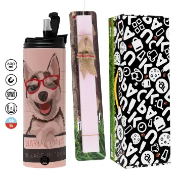 Warning, beware of Dog, Πασχαλινή Λαμπάδα με  ΡΟΖ Travel Tumbler θερμό (600ml, BPA free) & κερί αρωματικό πλακέ (30cm) (ΡΟΖ)