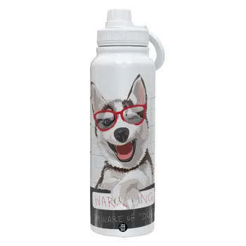 Warning, beware of Dog, Θερμός 1L Ανοξείδωτο με Βάση Κινητού & Διπλά Τοιχώματα