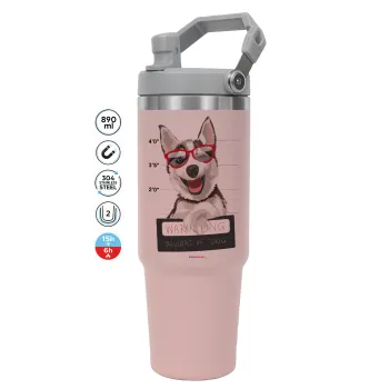 Warning, beware of Dog, Pink color, 890ml (30oz) stainless Steel Tumbler with Handle