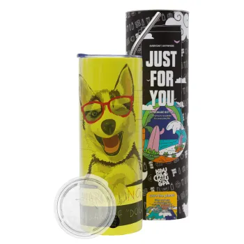Warning, beware of Dog, Neon Yellow Travel Tumbler θερμό, μεταλλικό καλαμάκι(Ανωξείδωτο 304 Food grade, BPA free, 600ml)