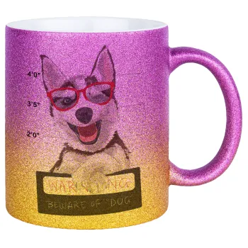 Warning, beware of Dog, Κούπα Χρυσή/Ροζ Glitter, κεραμική, 330ml