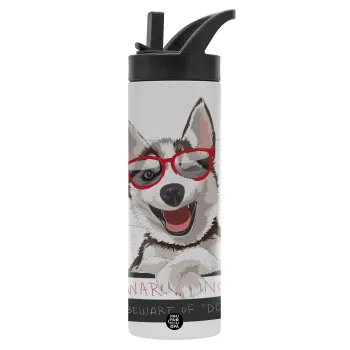 Warning, beware of Dog, Μεταλλικό παγούρι θερμός με καλαμάκι & χειρολαβή, ανοξείδωτο ατσάλι (Stainless steel 304), διπλού τοιχώματος, 600ml