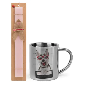 Warning, beware of Dog, Easter Set, metallic thermal cup (300ml) & aromatic flat Easter candle (30cm) (PINK)