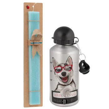 Warning, beware of Dog, Easter Set, metallic silver aluminum water bottle (500ml) & scented flat Easter candle (30cm) (TURQUOISE)