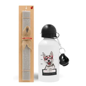 Warning, beware of Dog, Easter Set, metallic aluminum water bottle (500ml) & aromatic flat Easter candle (30cm) (GRAY)